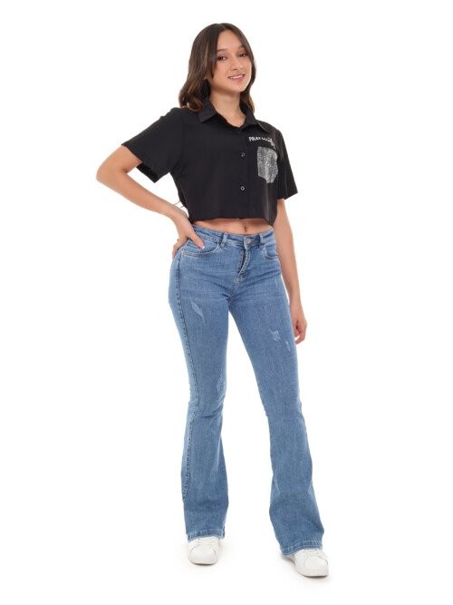 Jean Recto Dama Azul Medio - Con Rayitas