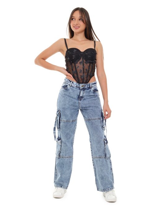 Jean Cargo Azul Medio - Stretch - Bolsillos Laterales