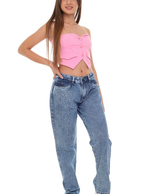 Jean Mom Azul Medio Piedras