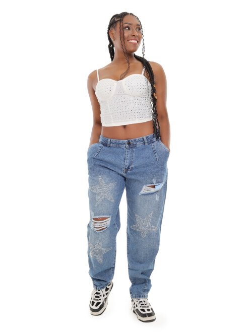 Jean Mom Azul Piedras Estrellas - Rotos
