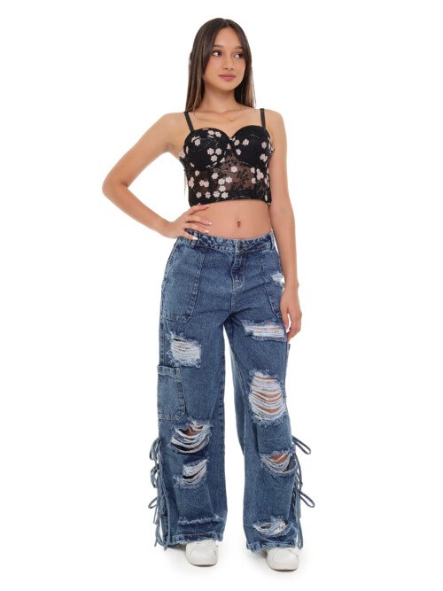 Jean Cargo Azul Oscuro - Rotos Y Tiras Laterales