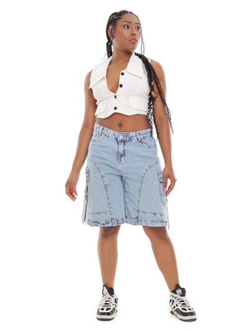 Bermuda Jean Cargo_Azul Claro Rígido