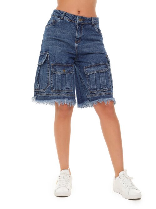 Bermuda Jean Cargo_Azul Oscuro_Rígido_Flecos