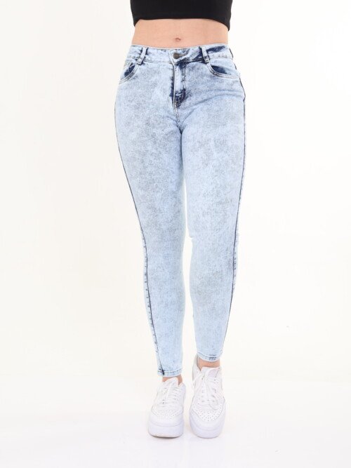 Jean skinny, Azul claro jaspeado, licradado, tiro alto.
