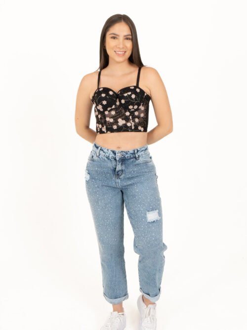 Jean Mom Azul Claro Piedras y rotos