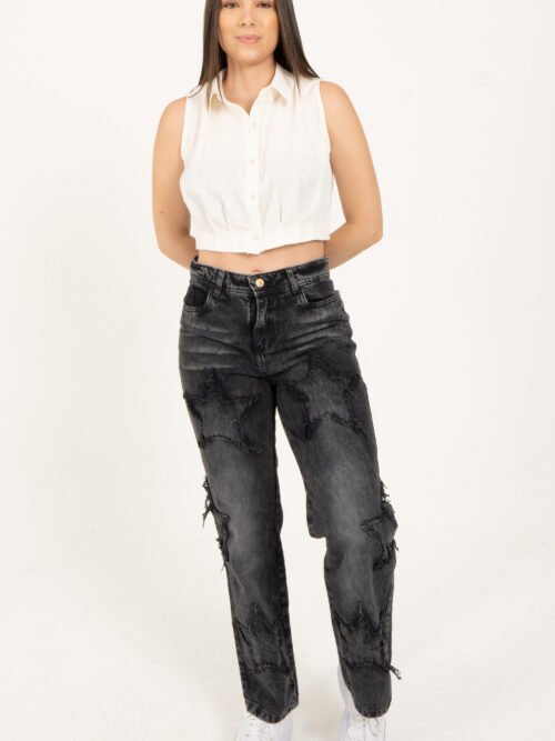 Jean Recto Estrellas flecos - Gris Humo