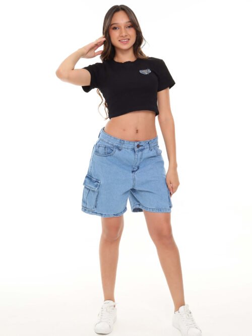 Bermuda Jean Cargo_Azul claro Rígido